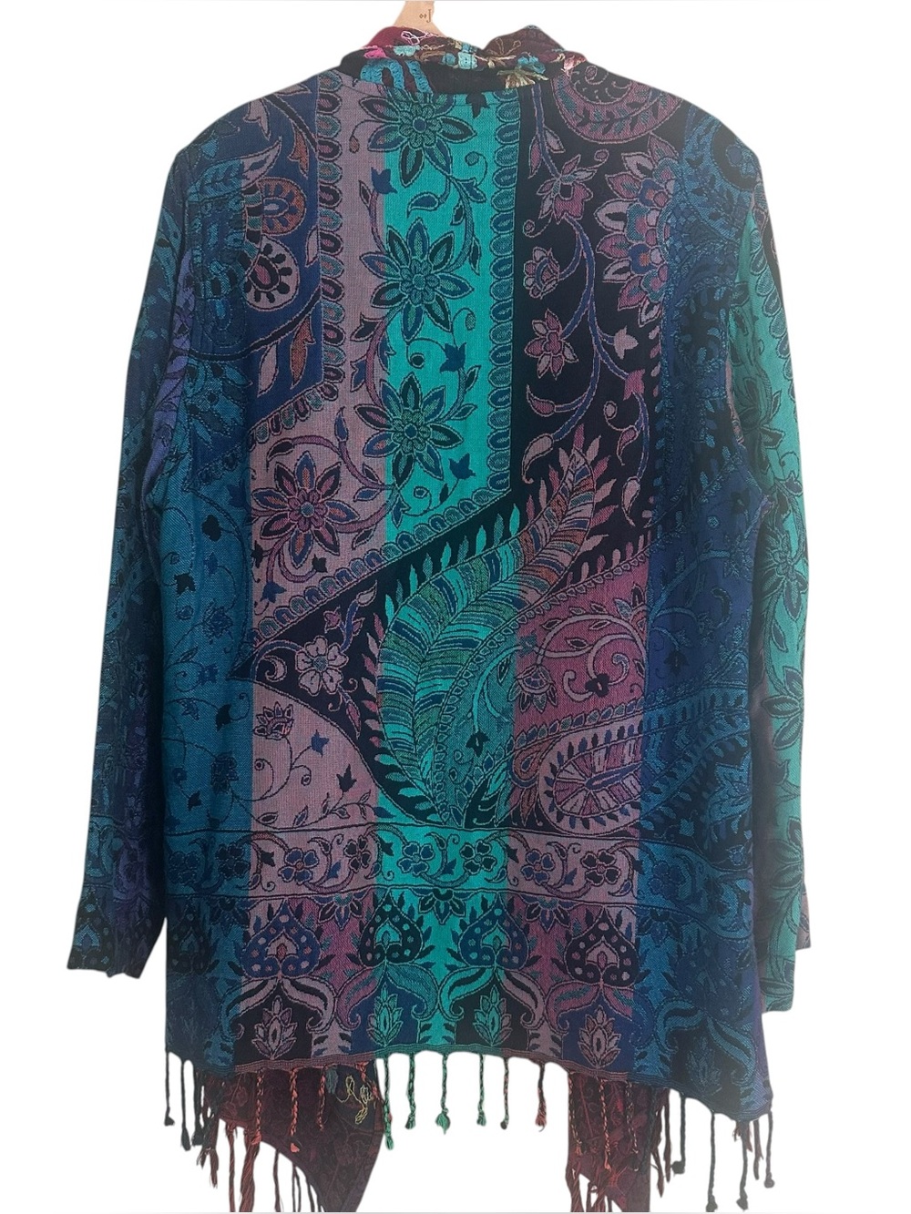 Soft Surroundings Kimono Cardigan M Floral Embroidered Fringe Duster Topper Boho - Picture 6 of 8